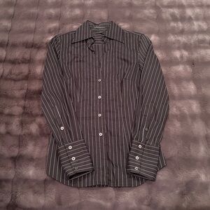 Express Design Studio Black Pinstripe Button Down V-Neck Long Sleeve Shirt